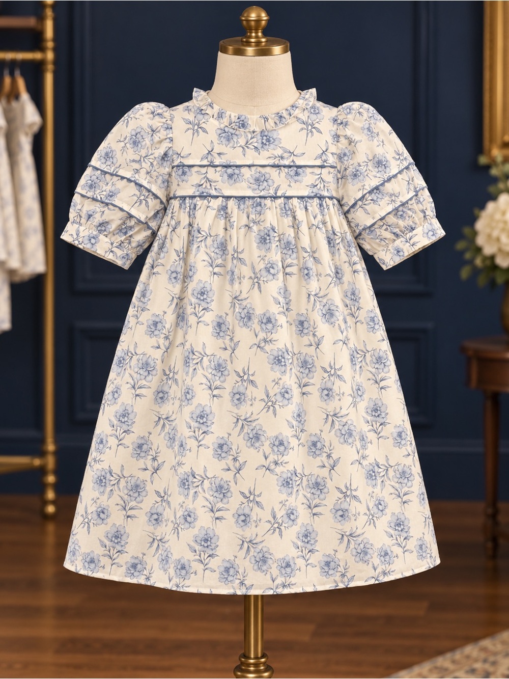 Classic Cream Mini Dress with Blue Floral Print